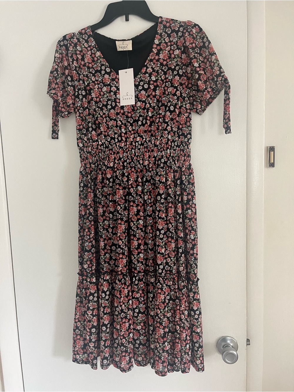 Ember Women’s Small Black Floral Tiered Dress with Pink and White Blossoms - Picture 3 of 8